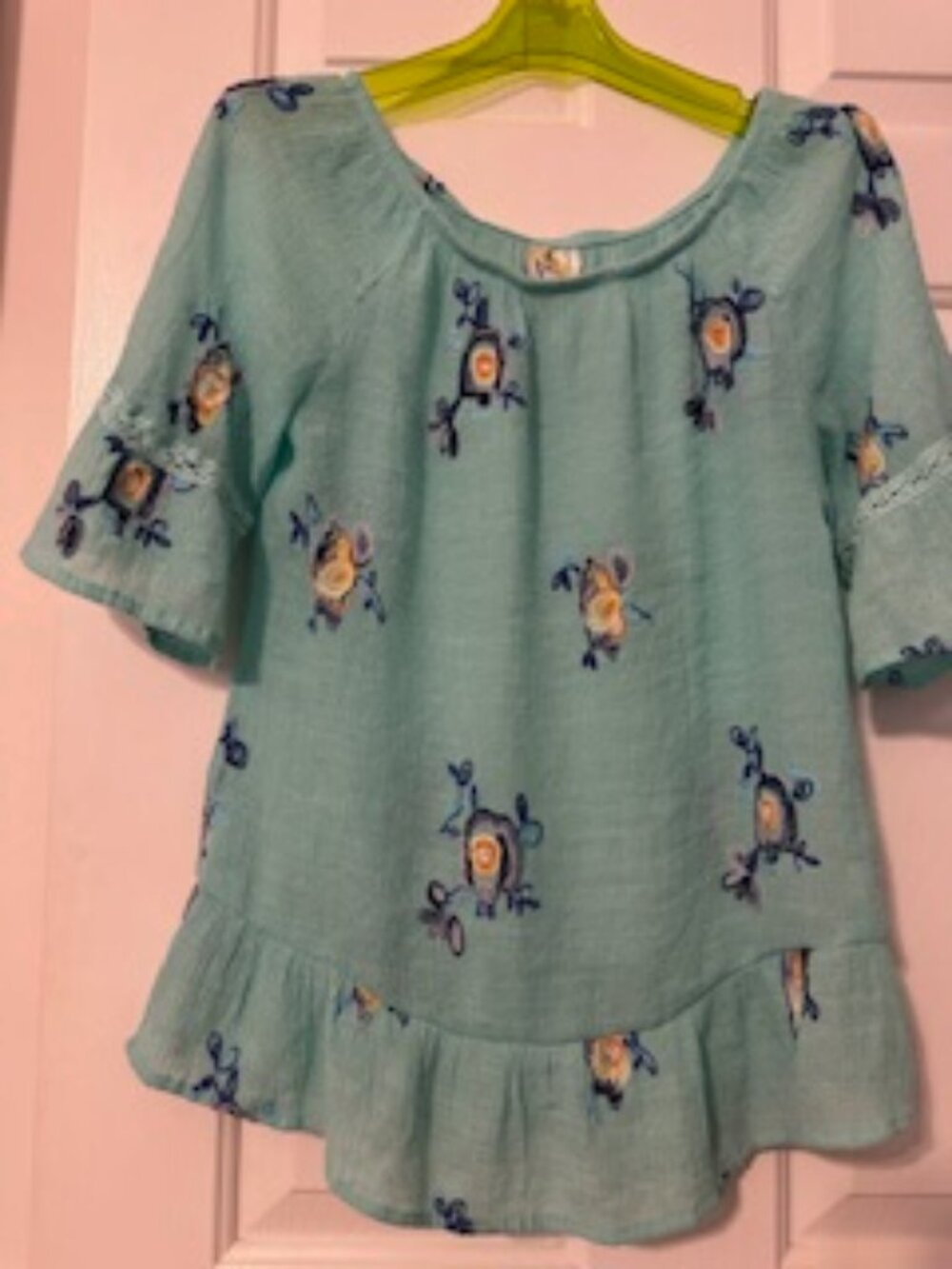 Mint green, embroidered, semi sheer, gauze blouse
